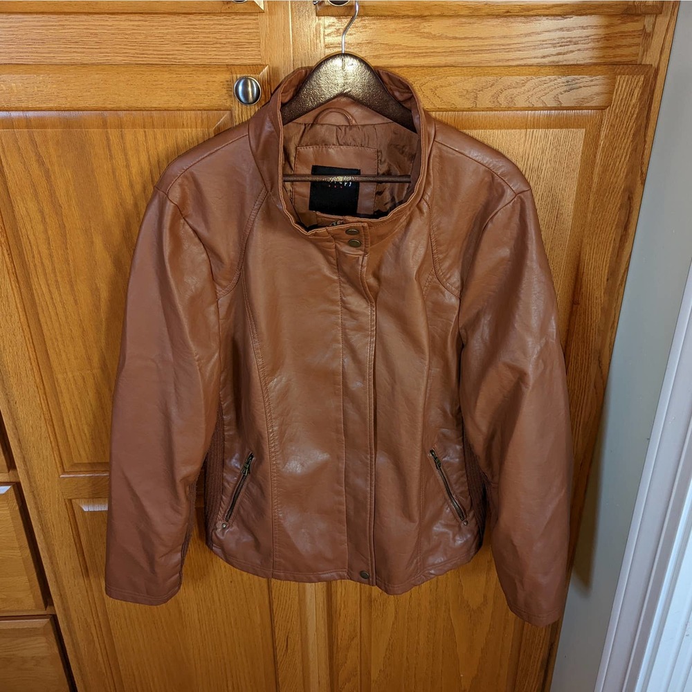 Vintage Therapy Faux Leather Vegan Warm Brown Jacket Women size XXL Biker 2xl